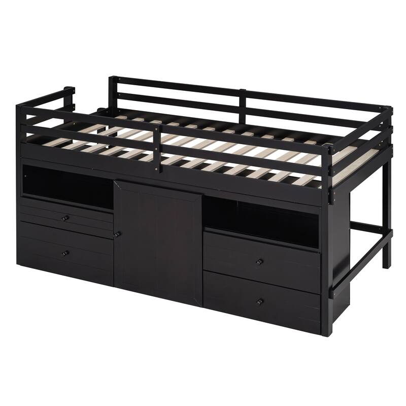 Twin Storage Kids Loft Bed Full Length Guardrail Low Loft Bed with Cabinet and 4 Drawers Space-Saving Kids Bed Slat Support