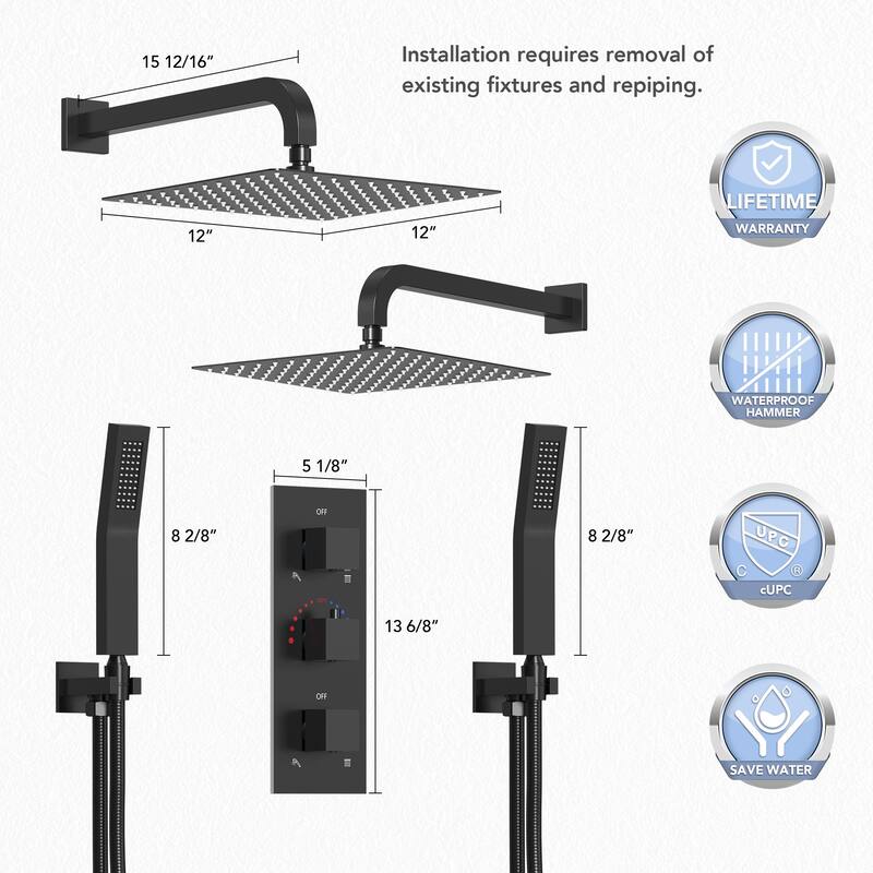 EVERSTEIN Dual Shower System 12" Rain Shower Head with High Pressure Handheld Sprays
