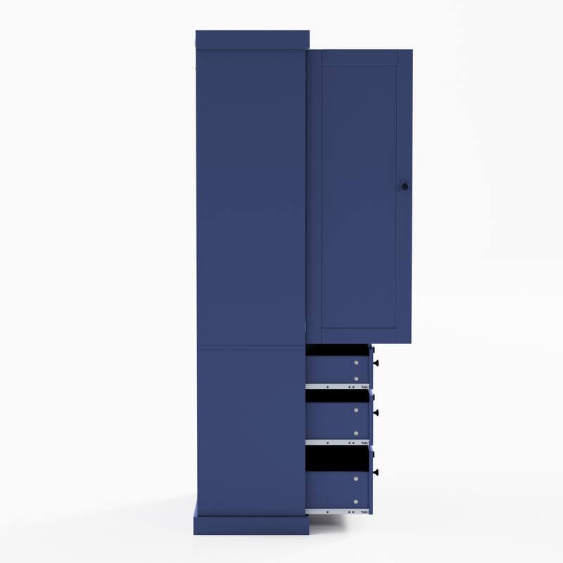 Roomfitters 77 Inch Farmhouse Kitchen Pantry Cabinet with 8 Door Shelves and 3 Drawers, Tall Cupboard, Blue
