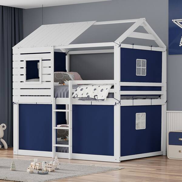 slide 2 of 39, Impression Full Size Solid Wood Kids Bed Bunk Wood House Bed with Tent,Playhouse Design Blue+White