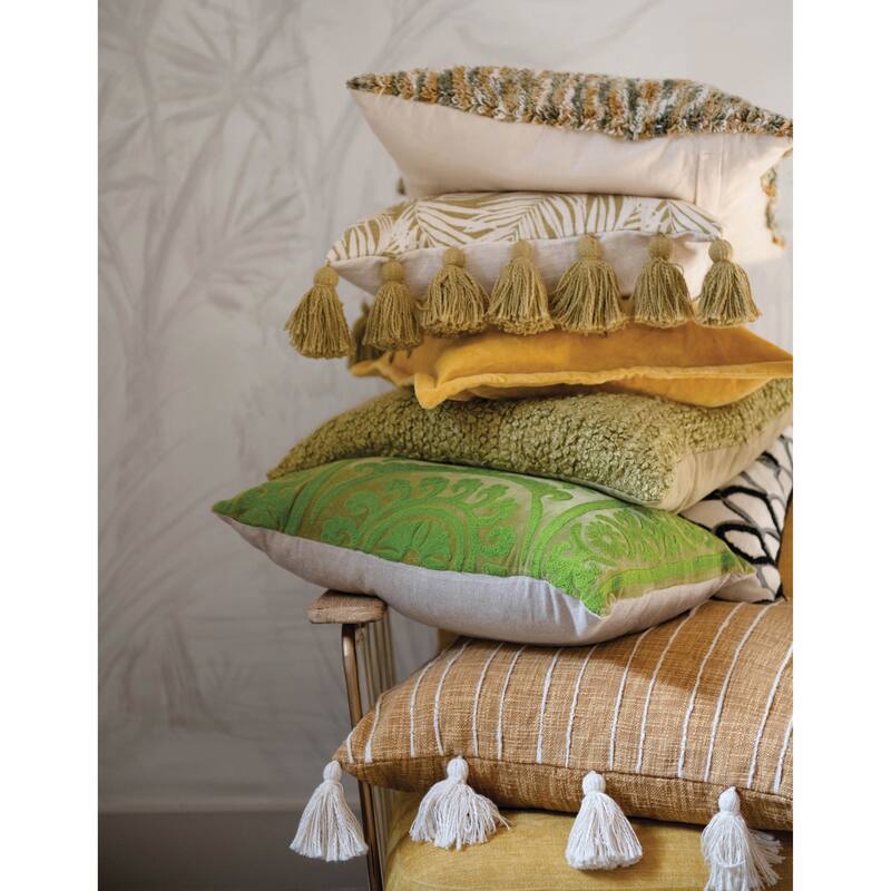 Cotton Pillow with Palm Frond Pattern & Tassels, Green and Natural