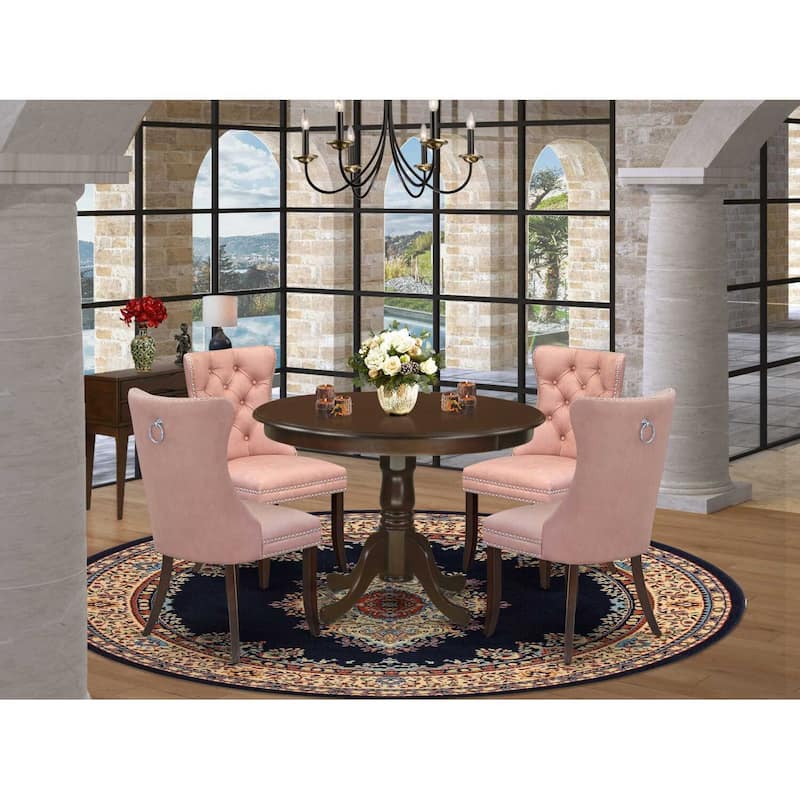 Modern 5 Piece Dining Set - Round Kitchen Table with 4 Upholstered Chairs - Mahogany Finish