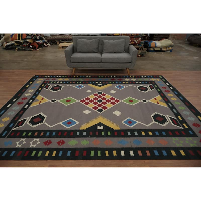 Hand Woven Oriental 100% Wool Carpet Southwestern Tribal Greys & Charcoal Kilim Area Rug - 10' 2'' X 8' 8''