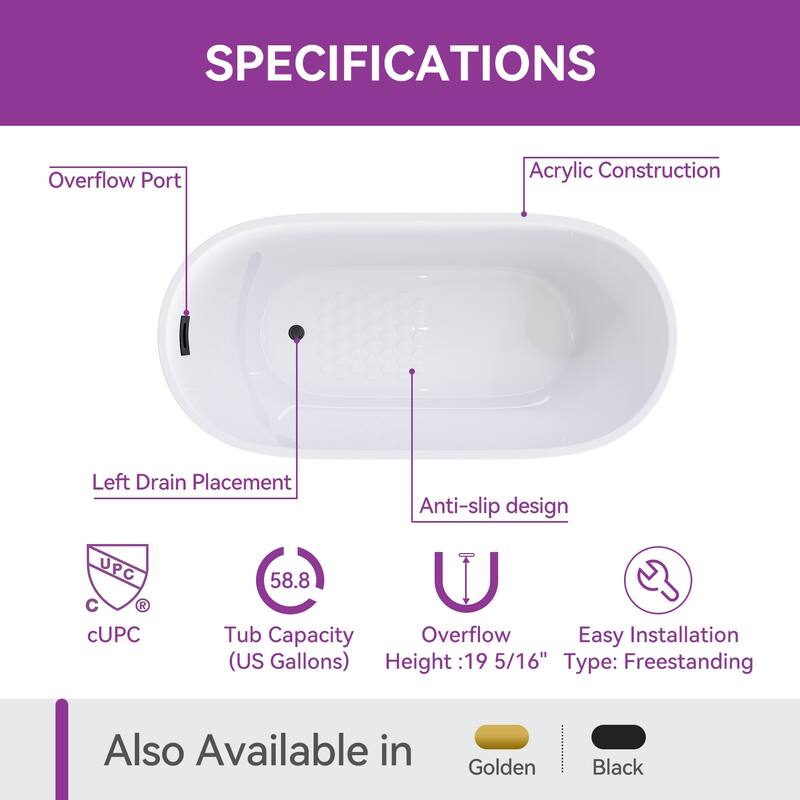 HOROW 59 in. Soaking Bathtub with Side Drain, White Tub with Matte Black Trim