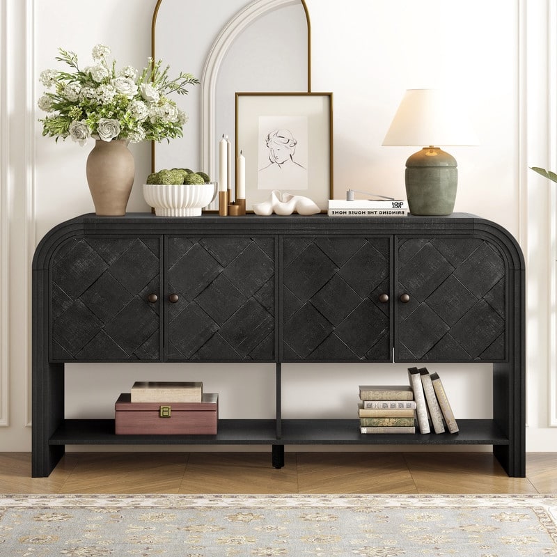 Versatile 60" Console Table with Woven Wood Slats and Solid Wood Veneer for Entryway or Living Room - Black