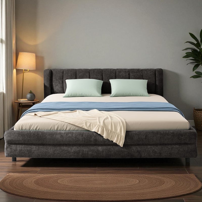 Queen Size Upholstered Bed Frame with Chenille Headboard and Underbed Storage Drawer, Solid Platform Design