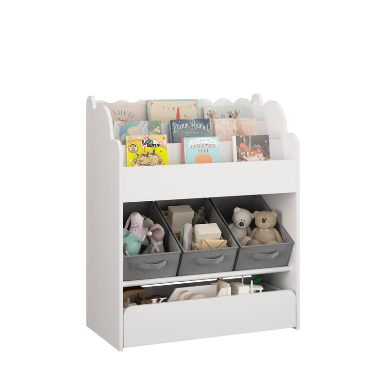 Kids Bookshelf with Storage Bins and Drawer,Multi-Functional Wooden Book Organizer for Toddlers,White Bookcase for Toys, Books