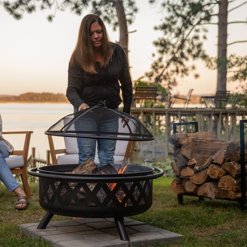 36" Fire Pit Steel with Black Finish Crossweave with Spark Screen