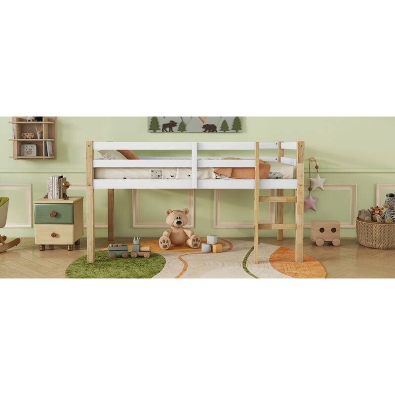 Roomfitters Full/Twin Rubber Wood Loft Bed with Ladder, Reinforced Slat Platform, Low Height Design, Espresso