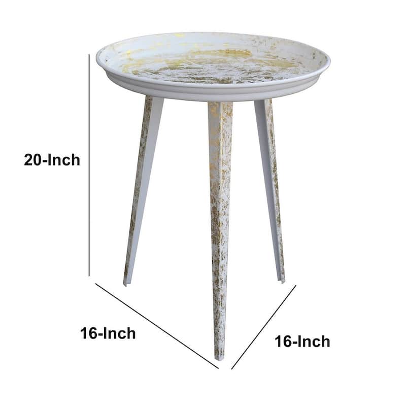 20 Inch Artisanal Industrial Round Tray Top Iron Side End Table, Tripod Base, Distressed White, Gold - 20 H x 16 W x 16 L