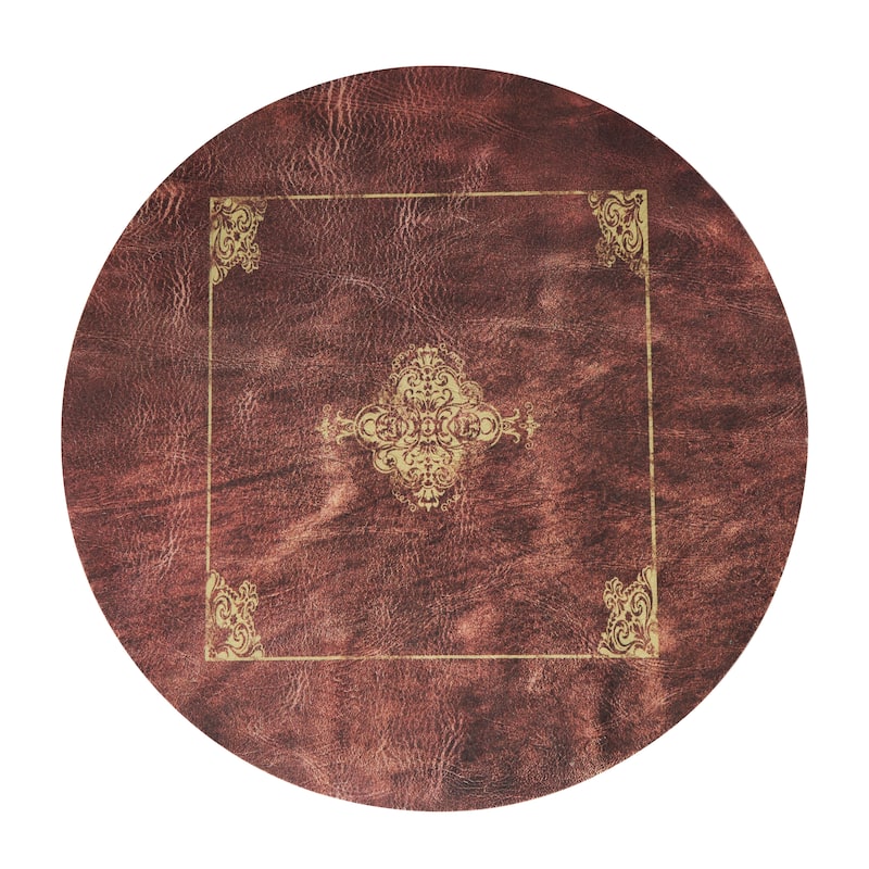 Faux Leather Circular Storage 2 Door Cabinet with Stacked Book Design and Scroll Details - Red - Roche River Décor.