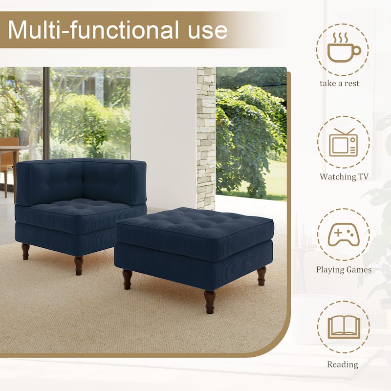 Corduroy Tufted Accent Chair Armchair and Ottoman Set