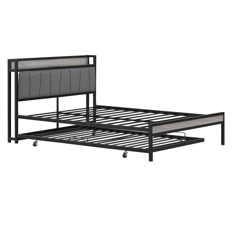 Metal Daybed with Adjustable Trundle, Portable Folding Trundle Bed