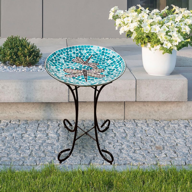 Alpine Corporation 24" Tall Outdoor Glass Birdbath Bowl with Metal Stand - Green