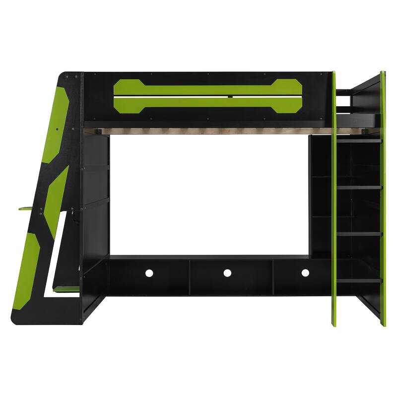 Teens All-in-One Esports Gaming & Work Loft Bed with Built-in RGB Lights, Side Gaming Desk, Console Storage, TV Area and Shelves