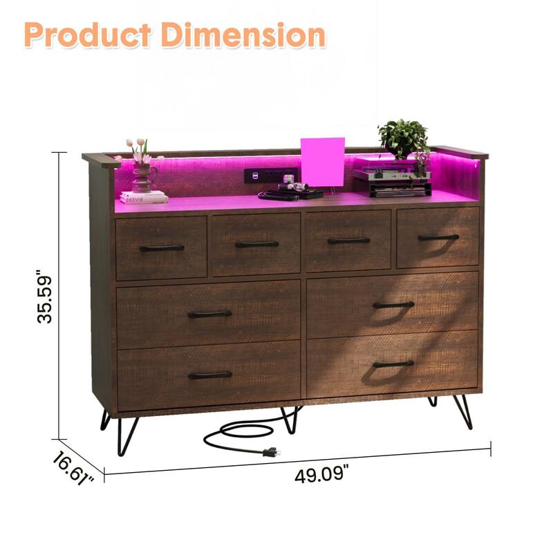 8 Drawer Wood Dresser, with Power Outlet and LED Lights