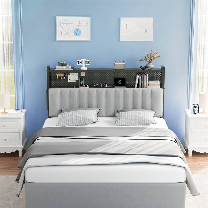 Adjustable Upholstered Headboard with 2 Tier Shelves with Charging Stations and LED Lights, Modern Bed Headboard with Storage