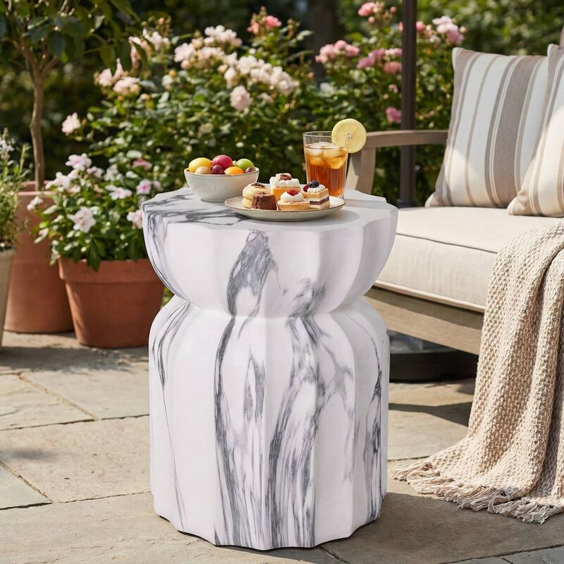 Christopher Knight Home - Modern Outdoor Lightweight Concrete Accent Side Table with Fluted Sculptural Hourglass Design - White+Marble