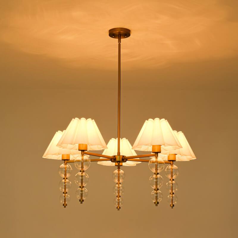 Rennnsan 5-Light 35 in. Transitional Gold Chandelier with Clear Glass Orbs and Fabric Shades - 34.6 in. Dia x 16.1 in. H