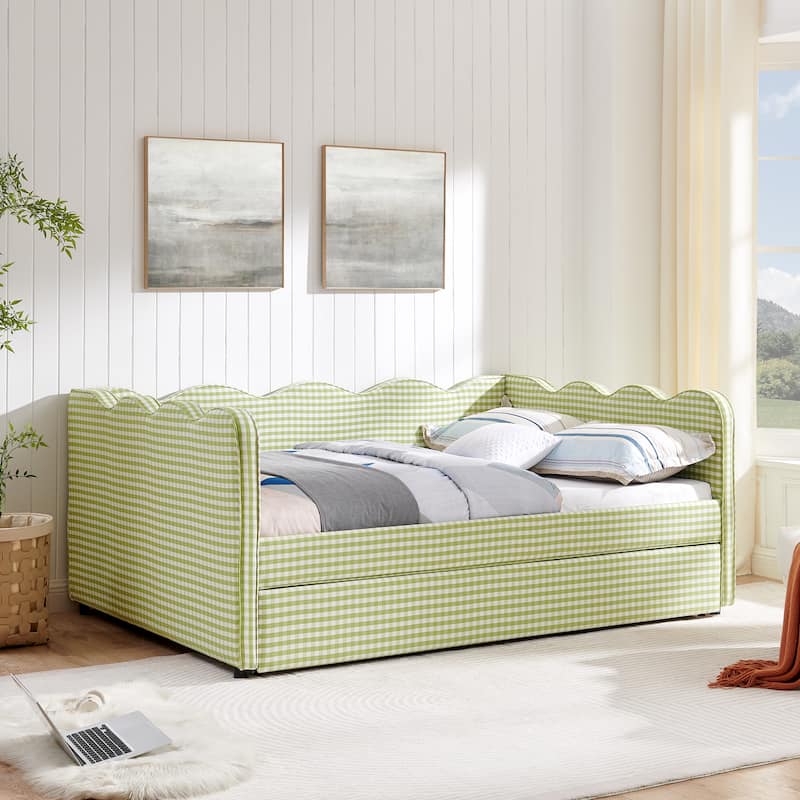 Full Size Gingham Daybed with Twin Trundle, USB Port, Wave Shaped Design & Linen Fabric - No Box Spring Needed