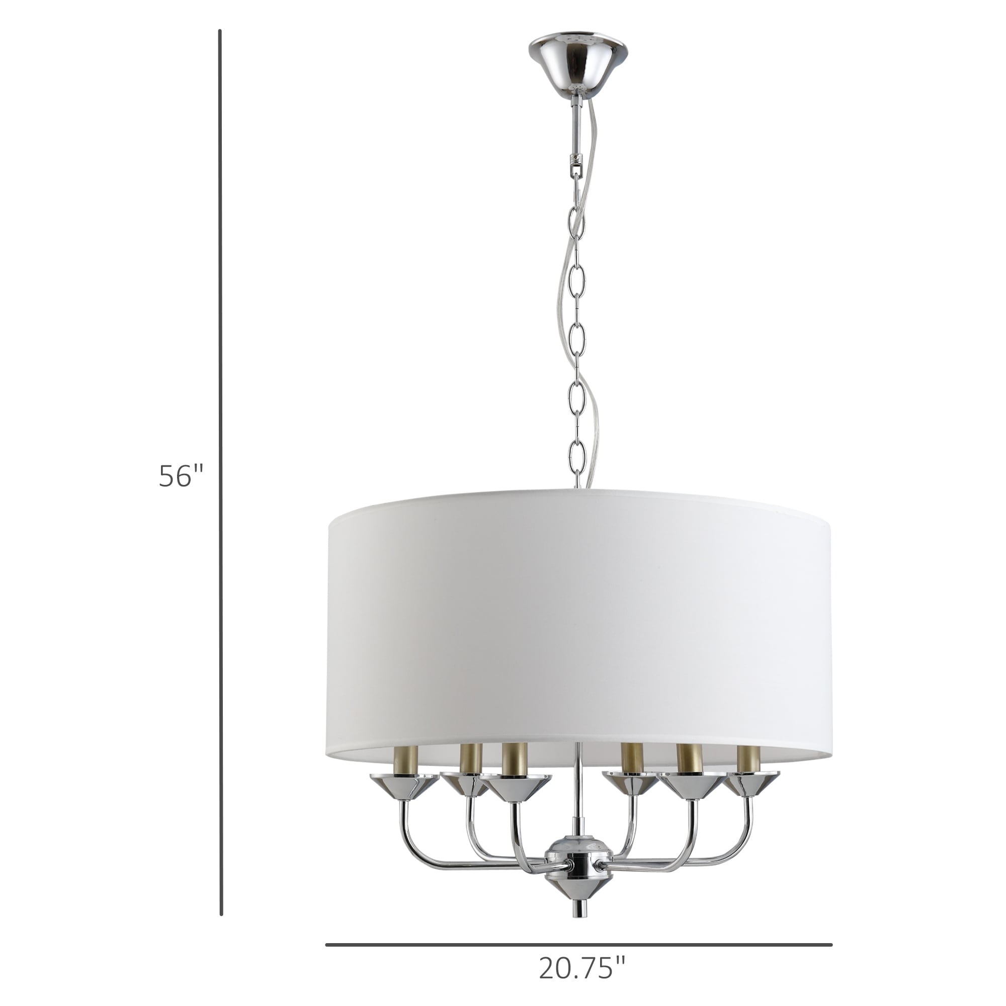 HOMCOM 6 Light Modern Chandelier Candle Pendant Light Fabric Lampshades with Adjustable Hanging Chain White