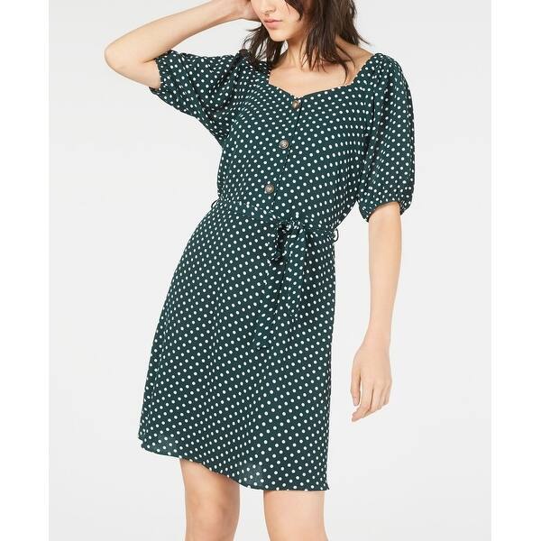 monteau green dress Monteau Women's L Green Polka Dot Retro Fit Flare Midi Dress Linen Blend Belted