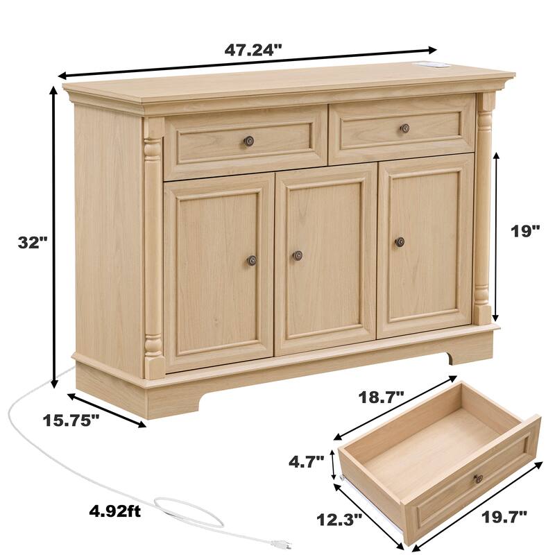 Farmhouse Style Kitchen Storage Cabinet, Large Wall Cabinet with Drawers and Doors in Roman Column Shape, Wooden Coffee Bar