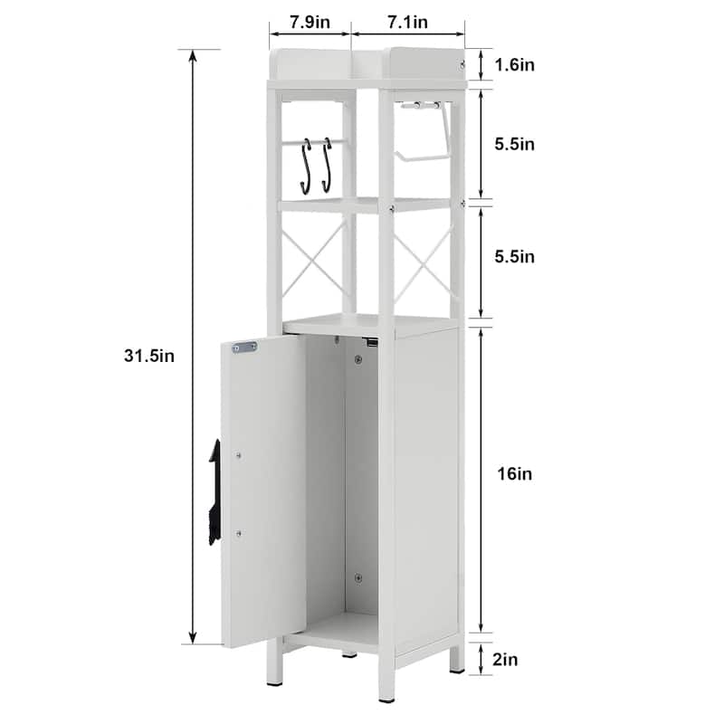VECELO Slim Bathroom Floor Cabinet with Shutter Door 3-Tier Storage Shelf with Hooks Freestanding Cabinet for Bedroom, Entryway