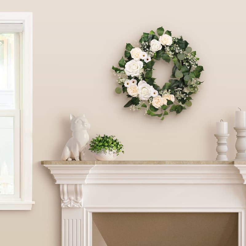24" Artificial Rose,Camellia,babysbreath Floral Spring Wreath