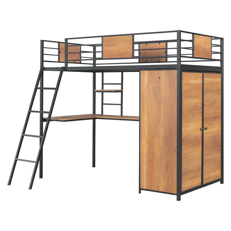 Twin Size Loft Bed with Ladder and L-Shaped Desk, Multifunctional Kids Teens Bed Frame with Storage Shelves and Wardrobe