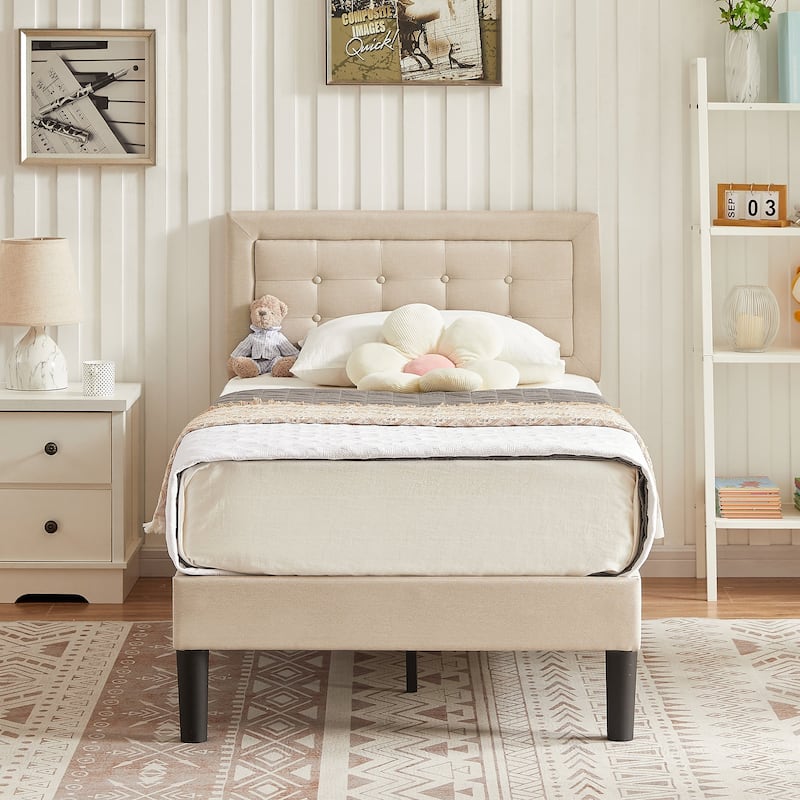 VECELO Tufted Upholstered Kids Bed with Adjustable Headboard,Twin Size Bed Set of 2