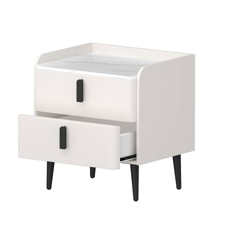 Modern 2-Drawer Nightstand with Marble-Pattern Top - Bedside/End Table for Bedroom/Living Room (White)