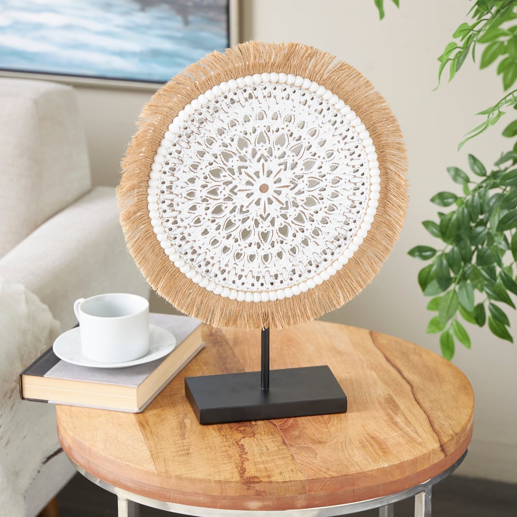 White or Gray Wooden Handmade Seagrass Fringed Sculpture with Black Base