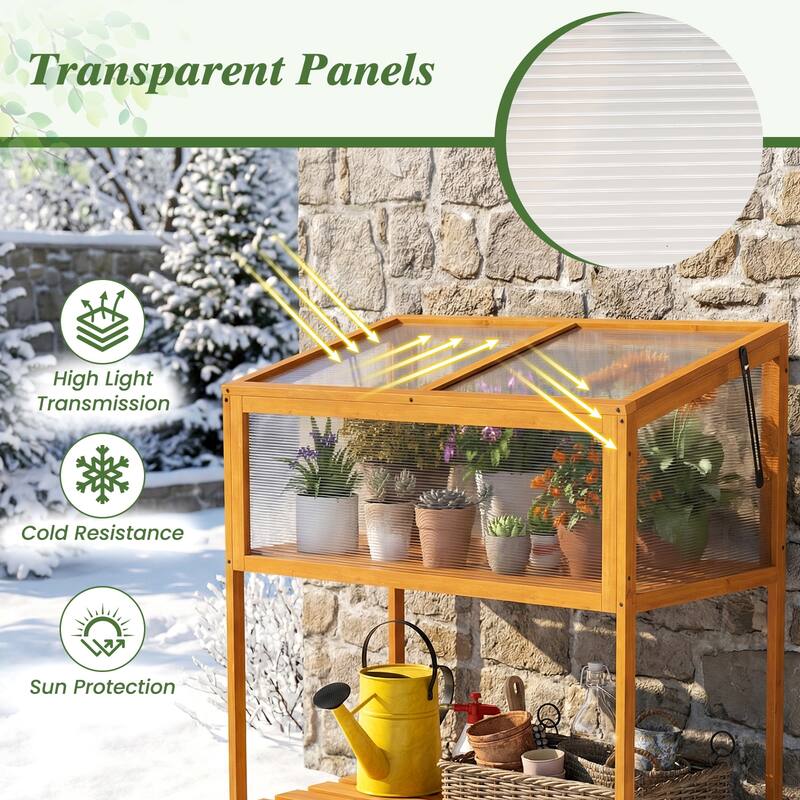 Gymax Wood Cold Frame Greenhouse w/Transparent Openable Roof & Slatted