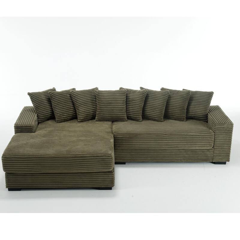 111" Corduroy L-Shape Sectional Sofa with Left Chaise, 8 Throw Pillows and Square Armrests