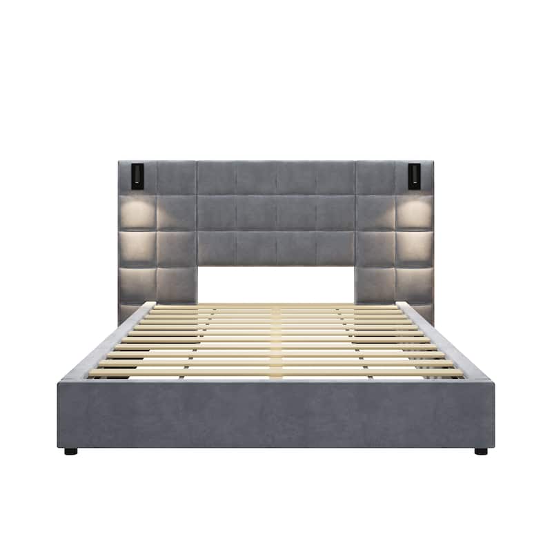 Christopher Knight Home Modern Upholstered Velvet Platform Bedframe & Headboard with Lamps and USB Ports, Grey