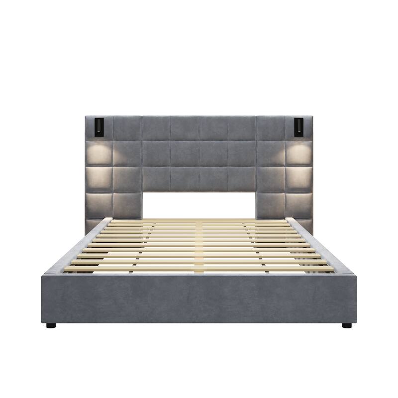 Queen Size Upholstered Bed Frame,With Wall Sconce And USB Port, Wide Headboard, Velvet, Gray
