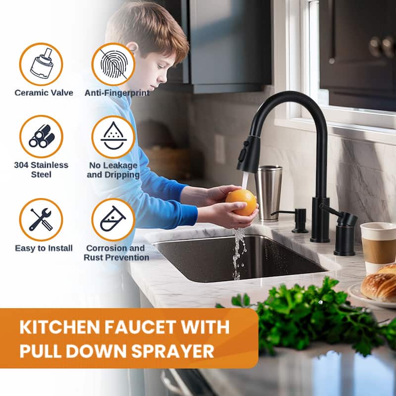 WOWOW Single Handle Pull Down Kitchen Faucet with Soap Dispenser