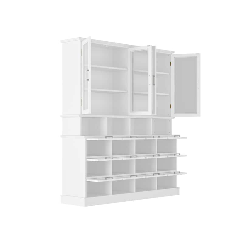 Large Kitchen Pantry Cabinet with Glass Doors and Bottom-Pull Drawers