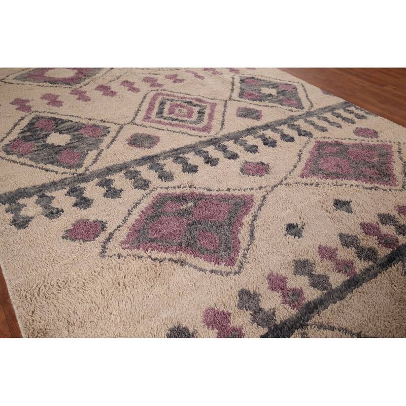 Geometric Plush Moroccan Area Rug Handmade Beige Wool Carpet - 6'9" x 10'4"