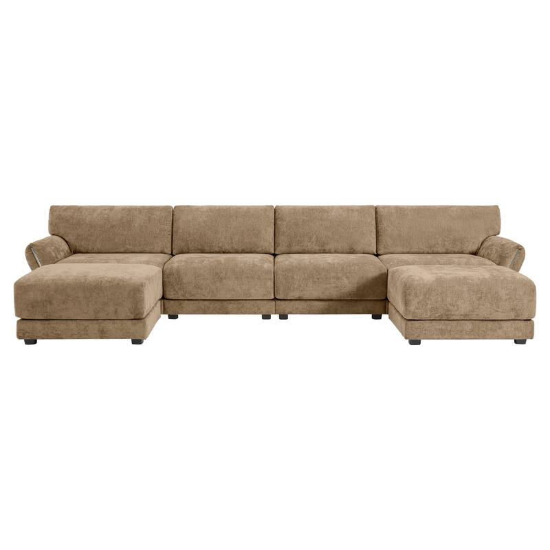 142" Chenille U-Shaped 6-Seater Sectional Sofa with USB/Type-C Charging, Petal Armrests and Free-Move Ottoman