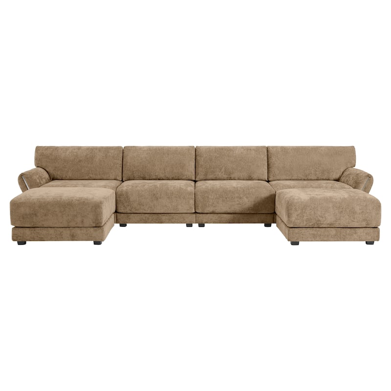 142" U-Shaped Chenille Sectional Sofa with USB & Petal Armrests