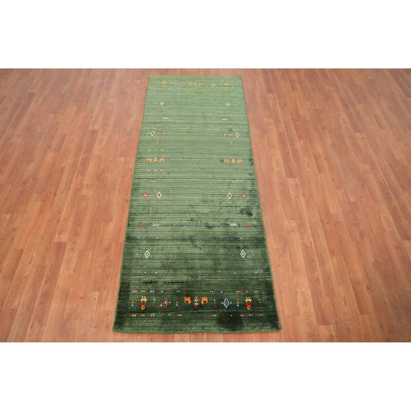Hand Knotted Oriental Viscose Silk Carpet Tribal Animal Pictorial Green Gabbeh Runner Rug - 7' 5'' X 2' 10''