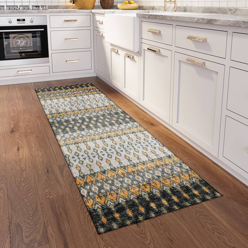 Machine Washable Indoor/ Outdoor Addison Bravado Geometric Ikat Rug - Gray - 2'3" x 7'6"