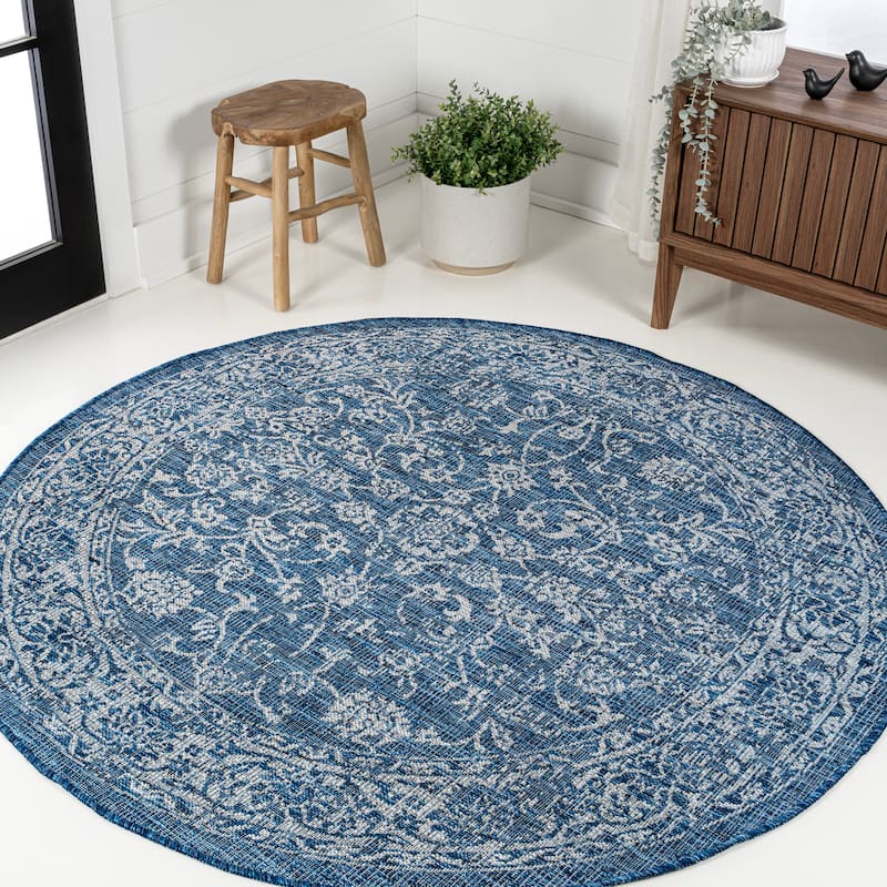 JONATHAN Y Sinjuri Bohemian Textured Weave Floral Indoor/Outdoor Area Rug - 6' Round - Navy/Gray