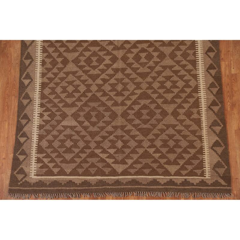 Hand-woven Geometric Kilim Area Rug Oriental Brown Wool Carpet - 5'0" x 6'10"