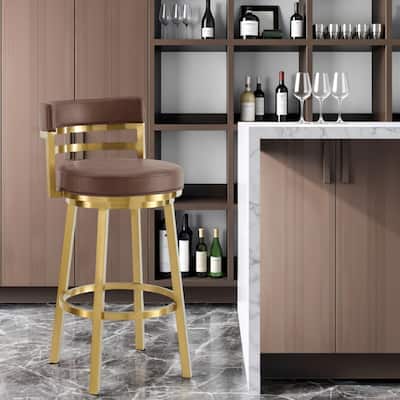 HomeRoots 30" Coffee and Gold Faux Leather and Stainless Steel Low Back Bar Height Swivel Bar Chair