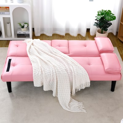 Convertible Loveseat Couch Adjustable Faux Leather Sleeper Sofa Bed with Coffee Table, Cup Holders and Removable Pillow Armrests