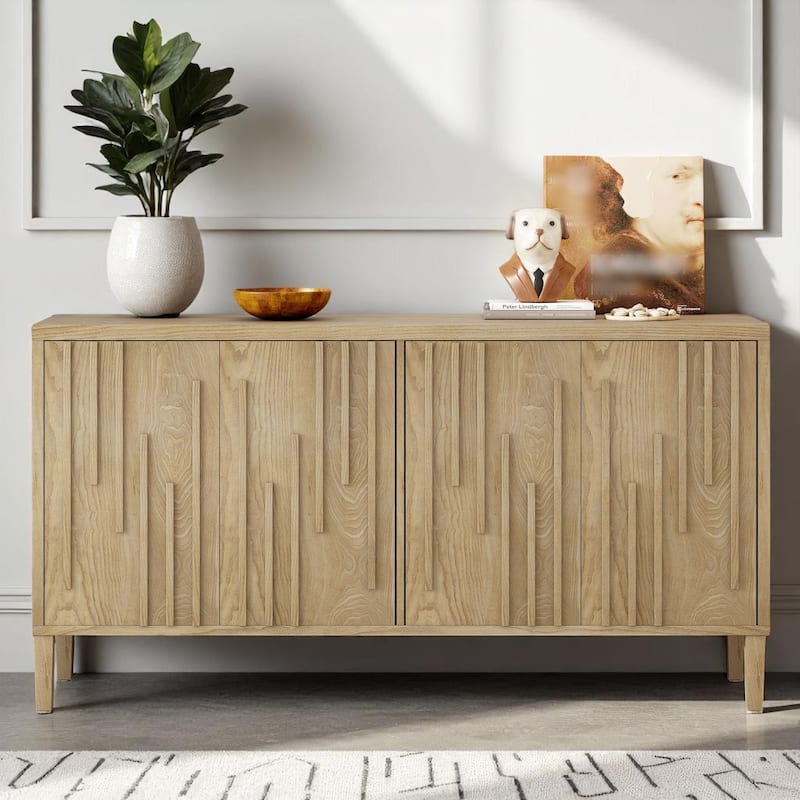 59.8" Wood Sideboard Buffet with Hidden Handles, Ash Veneer 4-Door Cabinet with Storage, Farmhouse Credenza - Natural