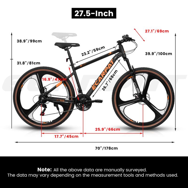 Ecarpat 27.5 Inch Mountain Bike, 21 Speed with Dual Disc Brakes, Front Suspension Fork, High Carbon Steel Frame for Men & Women